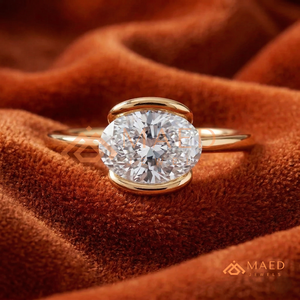 14K Yellow Gold East-West Half-Bezel Oval <b>Ring</b> – Modernist Gold <b>Solitaire</b> Band Yellow Gold Over <b>Silver</b> Horizontal Oval Cut <b>Ring</b> - Product Image 1