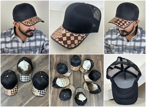 Casquettes de camionneur western artisanales en cuir travaillé à la main et à visière à carreaux, avec dos en maille réglable, patch en cuir de vache, design personnalisé - Product Image 3