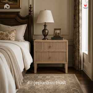 Table de chevet classique américaine en bois massif à 2 tiroirs avec poignées en laiton, meubles de chambre à coucher de luxe - Product Image 1