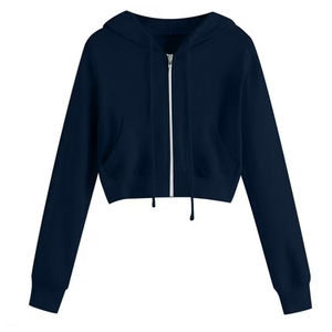 Women's Gray <b>Cropped</b> Hoodie <b>Zip</b>-<b>Up</b> Sweatshirt Long Sleeve Solid Color Knitted Cotton Fleece Waterproof Autumn Winter Wear - Product Image 2