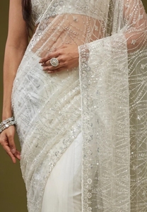 Sari en filet brodé Bollywood pour femme KV (Crème) - Viscose réversible et infroissable pour mariage - Product Image 6