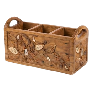 Porte-ustensiles de table en teck sculpté brun, organisateur de cuisine unique, fait main en bois de manguier, plateau de service - Product Image 3