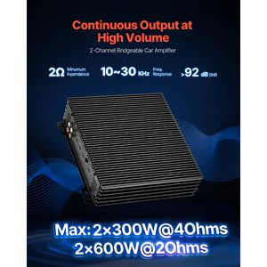 Amplificatore Audio per Auto a 2 Canali, Stabile a 2 Ohm, Bridgeabile, Full Range, 2 x 300W @ 4 Ohm / 2 x 600W @ 2 Ohm, Classe A/B, Potenza Massima - Product Image 2