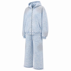 Ensemble jogging et sweat à capuche délavé bleu clair pour femme, avec détails en strass, 2 pièces, tenue de sport décontractée, streetwear - Product Image 2