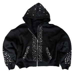 Custom Rhine Stone Wholesale Hoodie & Shorts <b>Set</b> Zipper Style Premium Quality Rhine Stones Hoodie <b>Set</b> Street Style For Unisex - Product Image 3