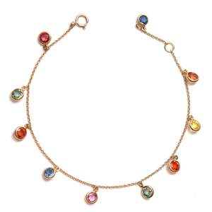 Pulsera Flotante de Zafiro Multicolor Natural en Oro Amarillo Sólido de 18K – Pulsera de Cadena con Incrustaciones de Gemas Arcoíris - Product Image 1