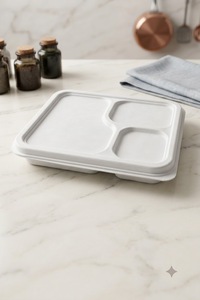 Plateau repas divisé en 3 compartiments, aliments séparés, frais et hygiéniques, parfait pour les repas complets, thali, riz, curry et service de plusieurs plats. - Product Image 4