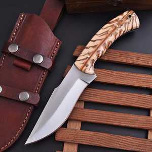 Couteau de chasse à pointe fixe en acier inoxydable forgé à la main, lame droite tranchante, manche en forme de cône de pin, étui en cuir, personnalisable OEM - Product Image 1