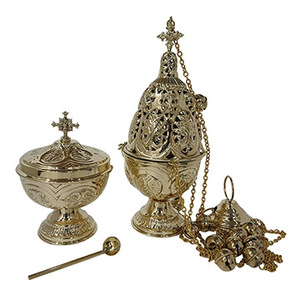Carved Brass Censer with Round Boat and Spoon | <b>Church</b> <b>Incense</b> Set - DOUBLE VEE EXPORTS - Product Image 1