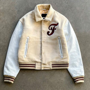 <b>Men's</b> Black And Beige PU Varsity Jacket Turn-down Collar Casual Autumn <b>Pullover</b> Style Regular Fit Solid Color - Product Image 4