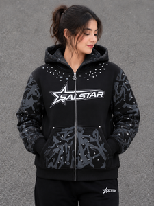 SALSTAR Sweat-shirt à capuche pour femme, manches longues, imprimé, fermeture éclair sur le devant, décontracté, tricoté, automne, motif étoile noire - Product Image 3