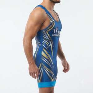 Wize International Blue Wrestling Singlet With Gold <b>Silver</b> Geometric Design Men's Gym Wear Men Singlets - Product Image 3