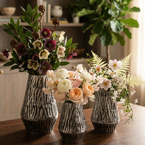 Best Selling Antique Iron Metal Flower <b>Vase</b> Wavy Pattern Tabletop Rustic Decorative Home Decor Metallic finish <b>set</b> of <b>3</b> - Product Image 2