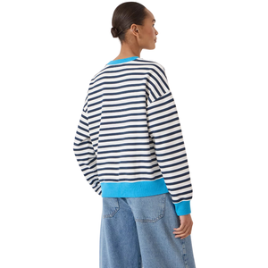 Custom <b>Womens</b> Navy <b>White</b> Striped <b>Sweatshirt</b> Turquoise Crew Neck Cuffs Hem Long Sleeve Boxy Fit Wholesale Casual Pullover Apparel - Product Image 2