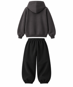 Conjunto de Sudadera con Capucha Oversize Unisex, Color Sólido, Felpa, Estilo Casual Otoñal, Negro y Gris Oscuro, Conjunto Combinado - Product Image 2