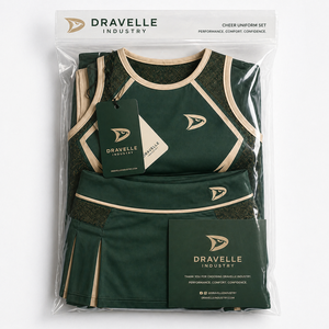 Uniforme de pom-pom girl vierge OEM vert forêt et bordure crème, tenue de performance en maille avec empiècements en maille, vente en gros - Product Image 5