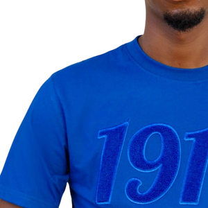 Camiseta de chenilla azul sólido 1914 para hombre, con letras griegas, ropa premium para fraternidad, manga corta, corte clásico, uso casual - Product Image 3