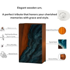 Urna Funeraria Artesanal de Nogal con Resina Azul con Diseño de Olas del Océano - Product Image 5