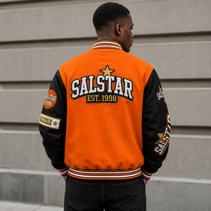 Custom Varsity Jacket <b>Men</b>’s Orange Black Baseball <b>Bomber</b> Jacket Embroidered Letterman Jacket OEM Private Label Streetwear - Product Image 2