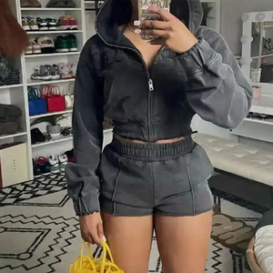 Women's Black 2-Piece Shorts <b>Set</b> O-Neck Short Sleeve Regular Fit Casual Spring Summer Breathable Puff Printed Polyester Knitted - Product Image 5