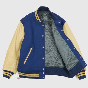 Veste de style universitaire bleue pour homme avec manches en PU marron, col rabattu, style preppy, coupe régulière, fermeture à boutons simples - Product Image 3