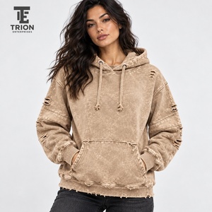 Custom women’s distressed <b>hoodie</b> with a washed finish, oversized silhouette, soft feel, and <b>trendy</b> streetwear appeal for brands - Product Image 1