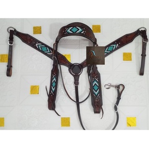 Western Brown <b>Leather</b> Breast Collar & Bridle Set Turquoise Beaded Diamond Design Hand Tooled Horse Tack Gear - Product Image 1