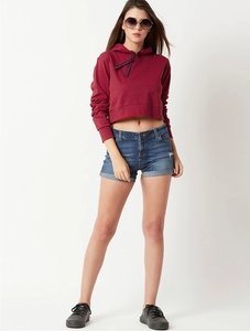 Hoodie court pour femme, couleur bordeaux, manches longues, couleur unie, tricoté, vêtement décontracté, 100% coton, style été - Product Image 1