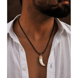 Number <b>Opal</b> <b>Pendant</b> Necklace for Men-Gold Ivory Dangle with Black Adjustable Lobster Claw - Product Image 1