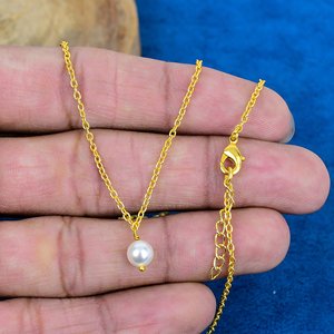 Collier en chaîne avec perle douce de 6 mm, forme ronde, pierre précieuse, or 18 carats micro-plaqué sur argent sterling 925 - Product Image 4
