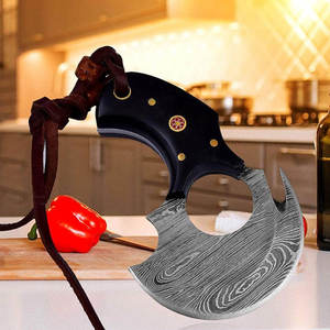 Cuchillo Ulu de Acero de Damasco Hecho a Mano Personalizado, Cuchilla para Pizza con Mango de Cuerno de Búfalo Premium y Funda de Cuero Genuino - Product Image 5