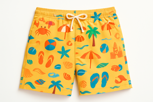 Bañadores de hombre amarillos con estampado de dibujos animados, de secado rápido, cintura media, con cordón, pantalones cortos informales para la playa, 100% poliéster, tejido de punto. - Product Image 1