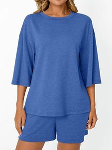 <b>Women's</b> Casual 2-Piece Knitted Shorts <b>Set</b> Crew Neck Sleeve Loose Fit Solid Blue Breathable Spring Summer Wear - Product Image 5