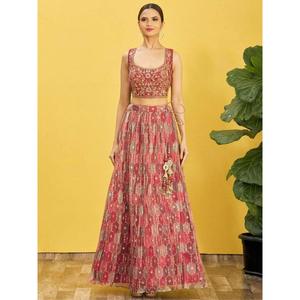 Ravissant miroir marron travail robes de cocktail en organza élégant Lehenga Choli pour fiançailles - Product Image 5