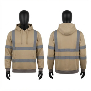 Sweat à capuche de travail premium 330 g/m² 100 % coton vert olive avec bandes de sécurité réfléchissantes cousues et logo personnalisé par transfert thermique – Vêtements de travail professionnels - Product Image 1