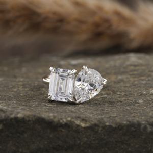 Emerald & Pear Cut Lab Grown Diamond <b>Two</b> <b>Stone</b> Engagement <b>Ring</b> Diamond 10KT Solid Gold Anniversary Gift <b>Ring</b> For Her - Product Image 1