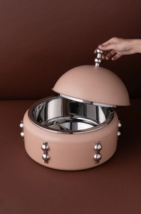 Luxury Beige Chafing Dish Serving Pot <b>Pastel</b> Pink Insulated Hotcase Food Warmer Chrome Accents <b>Decorative</b> Casserole - Product Image 2