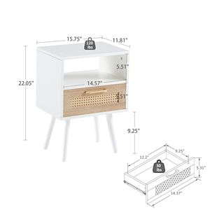 Tavolino Moderno in Rattan Bianco da 40 cm con Cassetto e Gambe in Legno Massello, Comodino o Tavolino Laterale per Camera da Letto o Soggiorno - Product Image 4