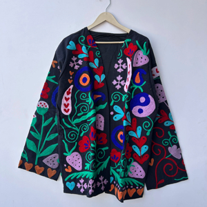 เสื้อคลุมกิโมโนปักลายซูซานีทำมือจากผ้าฝ้ายสำหรับผู้หญิง คอวี พร้อมเข็มขัด - Product Image 1