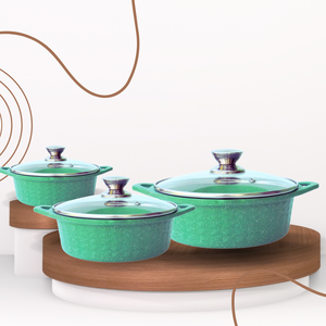 Ensemble de 3 ustensiles de cuisine en aluminium moulé sous pression écologiques, revêtement céramique/PTFE antiadhésif, compatible induction, couvercles en verre trempé - Product Image 1