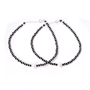 925 <b>Silver</b> Black <b>Bead</b> Anklets with Pearl Accents Women Handcrafted Women's Protection Jewelry Gift Style Design Protection - Product Image 1