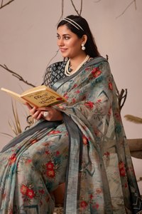 Sari de Lino y Seda Gris Elegante al por Mayor, Lujoso con Estampado Floral Digital, Traje Tradicional Indio con Borde Zari y Patrones Contrastantes - Product Image 3