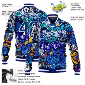 Veste universitaire 3D blanche royale à motif graffiti personnalisé, veste bomber à boutons-pression, veste streetwear urbaine en gros - Product Image 2