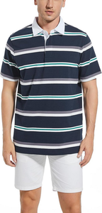 เสื้อโปโลผู้ชายสไตล์วินเทจสำหรับฤดูร้อน ผลิตตามสั่ง ขายส่ง OEM พร้อมปักโลโก้แบรนด์ ผ้าคอตตอน/โพลีเอสเตอร์ผสม 220 GSM ผ้าถักลายทางย้อมเส้นด้าย - Product Image 6