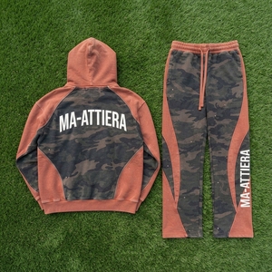 Men Rust Brown <b>Camouflage</b> Zip Up Hoodie <b>Tracksuit</b> Set Loose Fit Contrast Panel Streetwear Custom OEM ODM Wholesale - Product Image 6