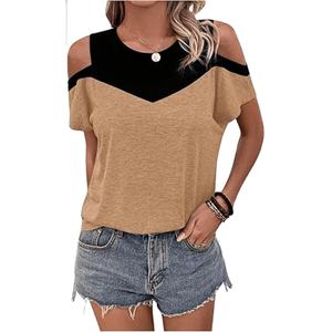 Camiseta de hombro frío para mujer Bloque de color Camisetas de manga corta con cuello redondo Tops de verano - Product Image 1