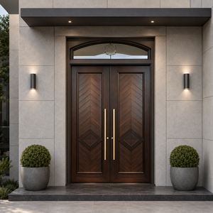 Puerta Doble de Entrada de Madera Sólida Tradicional con Patrón Chevron y Manijas Doradas, Apertura Manual para Apartamentos y Villas - Product Image 3