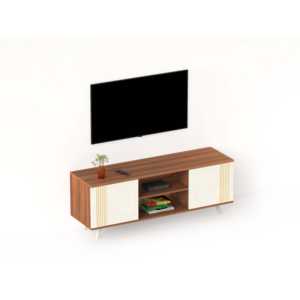 Meuble TV Harmond Walnut & Frosty pour salon avec étagères de rangement ouvertes et fermées - Product Image 5