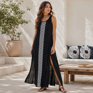 Women's Black Sleeveless Cotton Maxi Dress Chevron Print Side Slit Boho Beach Casual Summer Vacation Party <b>Long</b> Dress Elegant - Product Image 2