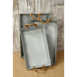 Premium Rectangle <b>Large</b> Galvanized Metal Serving <b>Tray</b> With Rope Handles Decorative Storage Organizer Indoor Outdoor Use Set Of 3 - Product Image 1